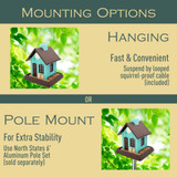 Early Bird Cafe Birdfeeder mounting options - Hanging is fast & convenient. Suspend by looped squirrel-proof cable (included)