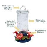 Starburst 26 oz. Hummingbird Feeder: Built-in hook for easy hanging, Twist off base for easy filling & cleaning, decorative glass design, four feeding stations
