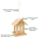 Squirrel-proof cable for hanging, lift roof to easily fill feeder, clear plastic windows to monitor seed levels, extra-large tray for more birds to perch