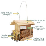 Squirrel-proof cable for hanging, lift roof to easily fill feeder, clear plastic windows to monitor seed levels, extra-large tray for more birds to perch, holds two suet cakes