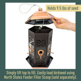 Holds 9.5 lbs. of seed - simply lift top to fill. Easily load birdseed using North States Feeder Filler Scoop (sold separately)