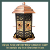 Durable metal birdfeeder features beautiful copper finish details and decorative flower designs