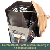 Three seed chambers with a combined capacity of 9.5 pounds of birdseed