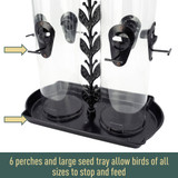 6 perches and large seed tray allow birds of all sizes to stop and feed