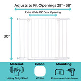 StepSafe Auto-Close Gate White - adjusts to fit openings 29" - 38", 30" tall.  Material: heavy duty steel, Color: white, Mounting: Pressure or Hardware