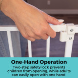 StepSafe Auto-Close Gate White - One-Hand Operation: Two-step safety lock prevents children from opening, while adults can easily open with one hand.