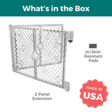 Paws Petyard Two Panel Extension: what's in the box, 2-panel extension, 4 skid-resistant pads. Made in USA.