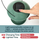 North States Nature's Yard Sage Solar Lantern Birdfeeder: Light automatically comes on at night - simply press the on/off switch to charge solar panel. Charging time 5-6 hours, lighted time 6-8 hours.