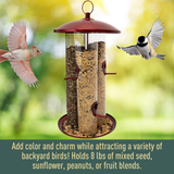 Crimson 3-in-1 Tube Feeder: Add color and charm while attracting a variety of backyard birds! Holds 8 lbs. of mixed seed, sunflower, peanuts, or fruit blends.