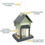 Antique Store Birdfeeder - Squirrel-proof cable for hanging, Lift chimney to easily fill feeder, clear plastic windows to monitor seed levels, extra-large tray for more birds to perch