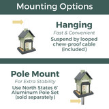 Antique Store Birdfeeder: Mounting options - Hanging, fast and convenient, suspend by looped chew-proof cable (included) or Pole Mount for extra stability, use North States 6' Aluminum Pole Set (sold separately).