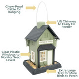 Antique Store Birdfeeder:  Chew-proof cable for hanging, lift chimney to easily fill feeder, clear plastic windows to monitor seed levels, extra-large tray for more birds to perch.