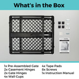 Supergate Secure Black: What's in the box - 1x pre-assembled gate, 2x casement hinges, 2x gate hinges, 4x wall cups, 4x tape pads, 8x screws, 1x instruction manual.