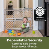 Toddleroo Renew Recycled Plastic Gate Sandstone  - dependable security. Certified by the Baby Safety Alliance (BSA logo).  Toddleroo Renew Recycled Plastic Gate Sandstone  - dependable security. Certified by the Baby Safety Alliance (BSA logo).