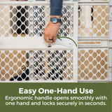 Toddleroo Renew Recycled Plastic Gate Sandstone - Easy One-Hand Use. Ergonomic handle opens smoothly with one hand and locks securely in seconds.  Toddleroo Renew Recycled Plastic Gate Sandstone - Easy One-Hand Use. Ergonomic handle opens smoothly with one hand and locks securely in seconds.