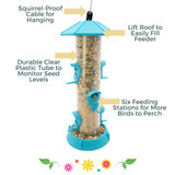 2-In-1 Hinged-Port Birdfeeder Fiesta Blue includes a squirrel-proof cable for hanging, lift roof to easily fill feeder, durable, clear plastic tube to monitor seed levels, six feeding stations for more birds to perch