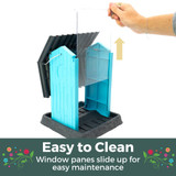 Fiesta Blue Hopper Birdfeeder is easy to clean. Window panels slide up for easy maintenance.