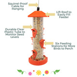 2-In-1 Hinged-Port Birdfeeder Fiesta Red includes a squirrel-proof cable for hanging, lift roof to easily fill feeder, durable, clear plastic tube to monitor seed levels, six feeding stations for more birds to perch