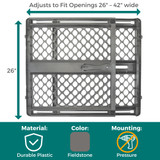 Petgate Essential Fieldstone: Adjusts to fit openings 26-42" wide, 26" tall. Material is durable plastic, Color is Fieldstone, Mounting is Pressure Mount.
