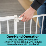 StepSafe Extra-Wide Auto-Close Gate: One-Hand Operation - two-step safety lock prevents children from opening, while adults can easily open with one hand. 