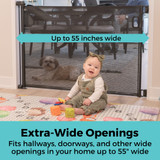 SmartFit Retractable Mesh Gate Black: Up to 55 inches wide. Extra-Wide Openings - fits hallways, doorways, and other wide openings in your home up to 55" wide.