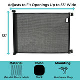 SmartFit Retractable Mesh Gate Black: Adjusts to fit openings up to 55" wide, 33" tall, material: metal & plastic mesh, Color: white, Mounting: hardware only.