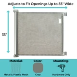 SmartFit Retractable Mesh Gate  Gray: Adjusts to fit openings up to 55" wide, 33" tall, material: metal & plastic mesh, Color: white, Mounting: hardware only.