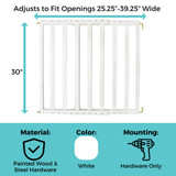 LuxeCraft Wood Gate White: Adjusts to fit openings 25.25" - 39.25" wide, 30" tall, material painted wood & steel hardware, color white, mounting hardware only. 