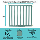 LuxeCraft Wood Gate Jack Pine Green: Adjusts to fit openings 25.25" - 39.25" wide, 30" tall, material painted wood & steel hardware, color jack pine green, mounting hardware only. 