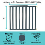 LuxeCraft Wood Gate Midnight Blue: Adjusts to fit openings 25.25" - 39.25" wide, 30" tall, material painted wood & steel hardware, color Midnight Blue, mounting hardware only. 