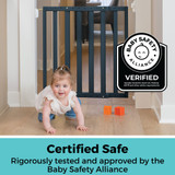 LuxeCraft Wood Gate Midnight Blue: Certified safe - rigorously tested and approved by the Baby Safety Alliance. Baby Safety Alliance Verified seal. 