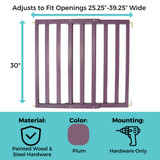 LuxeCraft Wood Gate Plum Purple: Adjusts to fit openings 25.25" - 39.25" wide, 30" tall, material painted wood & steel hardware, color Midnight Blue, mounting hardware only. 