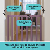 LuxeCraft Wood Gate Plum: Measure carefully to ensure the gate will work in your space. Gate height: 30", Hinge height: 29 5/8", Latch height: 31 7/8".