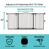Deluxe Décor Universal Fit Gate Black: Adjusts to fit openings 38.3"-72" wide, Door panel 25.5" wide, 30" tall, material: sturdy steel, color: black, mounting: hardware only.