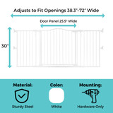 Deluxe Décor Universal Fit Gate White: Adjusts to fit openings 38.3"-72" wide, Door panel 25.5" wide, 30" tall, material: sturdy steel, color: white, mounting: hardware only.