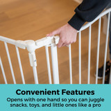 Deluxe Décor Universal Fit Gate White: Convenient features - opens with one hand so you can juggle snacks, toys, and little ones like a pro.