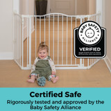 Deluxe Décor Universal Fit Gate White: Certified safe - rigorously tested and approved by the Baby Safety Alliance.