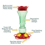Emerald Blossom 20 oz. Hummingbird Feeder: Built-in Ant moat keeps pests away, decorative plastic design, twist-off base for easy filling & cleaning, five feeding stations, perches allow birds to rest.