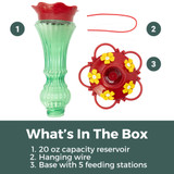 Emerald Blossom 20 oz. Hummingbird Feeder: What's in the box - 1. 20 oz. capacity reservoir, 2. Hanging wire, 3. Base with 5 feeding stations.