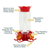 Ruby Bloom 24 oz. Hummingbird Feeder: Built-in Ant moat keeps pests away, decorative plastic design, twist-off base for easy filling & cleaning, four feeding stations, perches allow birds to rest.