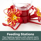Ruby Bloom 24 oz. Hummingbird Feeder: Feeding Stations - four feeding stations with vibrant red and yellow flowers allow more birds to perch.