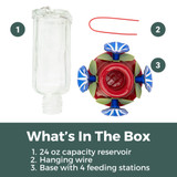 Midnight Blue Glass 24 oz. Hummingbird Feeder: What's in the box - 1. 24 oz. capacity reservoir, 2. Hanging wire, 3. Base with 4 feeding stations.