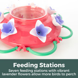 Lavender Bloom 32 oz. Hummingbird Feeder: Feeding Stations - seven feeding stations with vibrant lavender flowers allow more birds to perch.