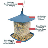 North States Garden Pavilion Birdfeeder Vallarta Blue: Squirrel resistant cable for hanging. Lift roof to easily fill feeder. Clear plastic slides to monitor seed levels. Extra-large tray for more birds to perch.