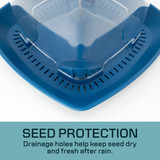 North States Garden Pavilion Birdfeeder Vallarta Blue: Seed protection - drainage holes help keep seed dry and fresh after rain.
