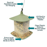 North States Garden Pavilion Birdfeeder Sage Green: Squirrel resistant cable for hanging. Lift roof to easily fill feeder. Clear plastic slides to monitor seed levels. Extra-large tray for more birds to perch.