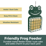North States Friendly Frog Suet Feeder: Durable metal feeder holds 1 suet cake and adds charm to your backyard. Holds 1 suet cake, easy fill & clean, weather resistant.