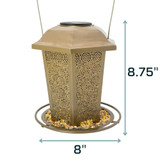 North States Nature's Yard Champagne Large Solar Lantern Birdfeeder: Dimensions - 8.75" tall, 8" wide.