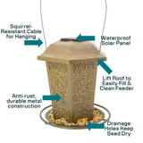 North States Nature's Yard Champagne Large Solar Lantern Birdfeeder: Squirrel-resistant cable for hanging, lift roof to easily  fill & clean feeder, waterproof solar panel, anti-rust, durable metal construction, drainage holes keep seed dry.