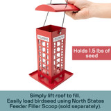North States Nature's Yard Solar Red Phone Booth Birdfeeder: Holds 1.5 lbs. of seed. Simply lift roof to fill. Easily load birdseed using North States Feeder Filler Scoop (sold separately).